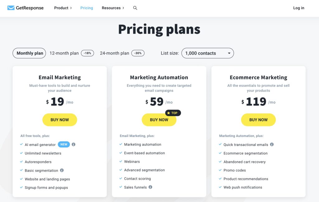 getresponse pricing plans