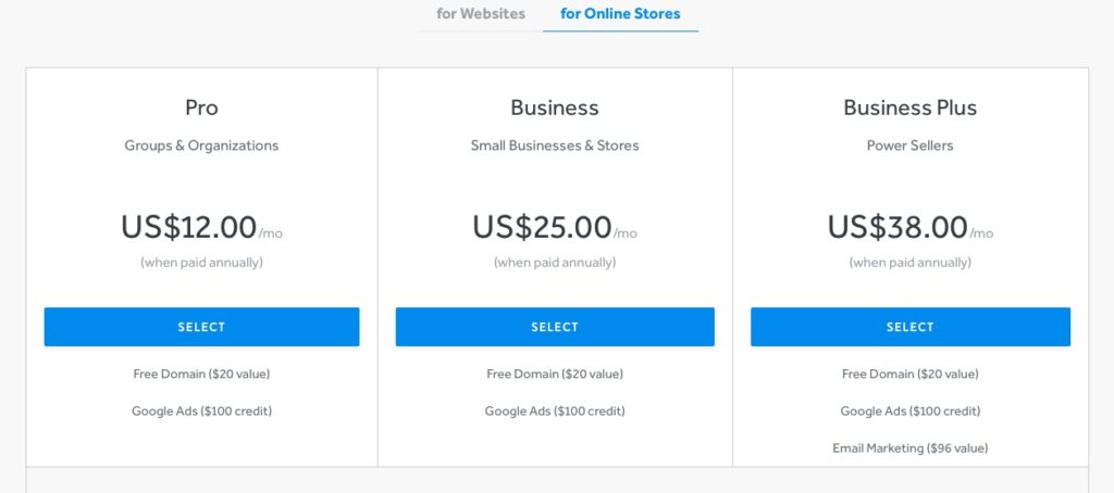 weebly ecommerce pricing plans