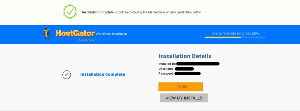 wordpress installation completed