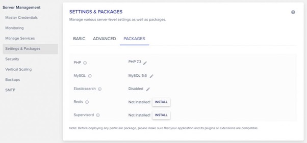 cloudways settings and packages