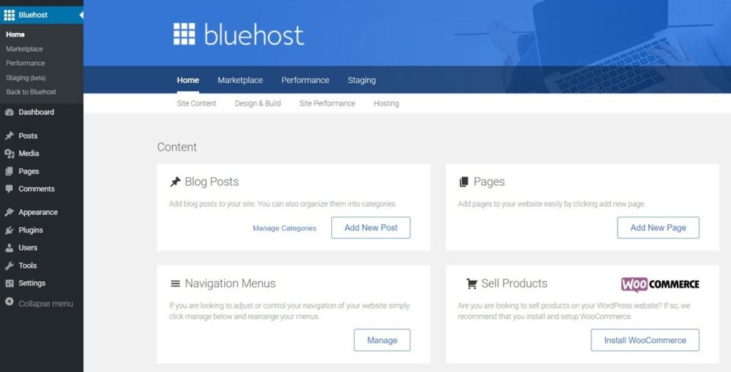 wordpress bluehost dashboard