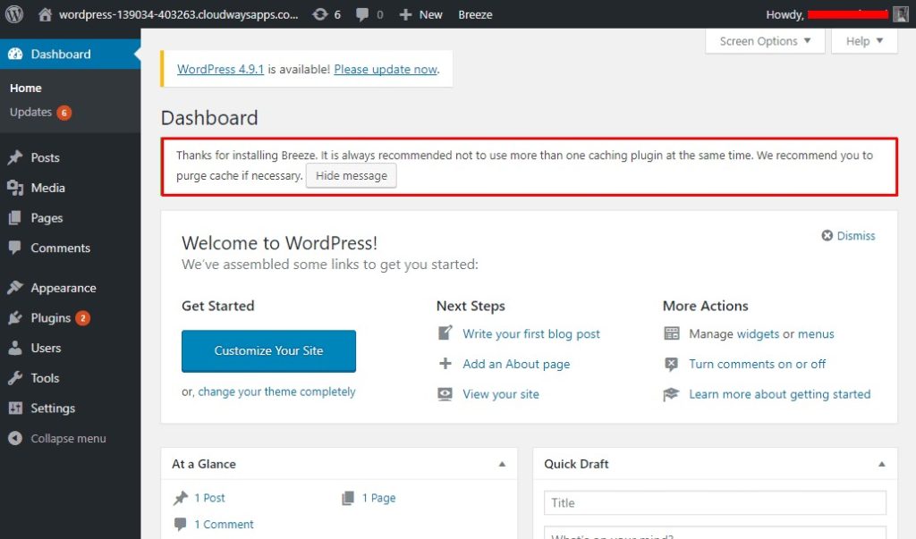 wordpress dashboard cloudways