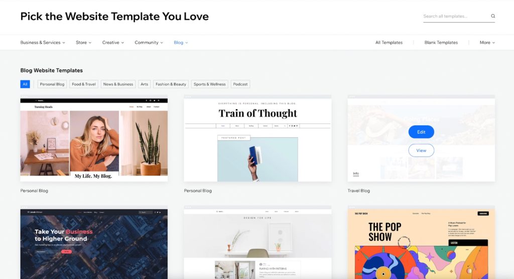 choose a website template on wix