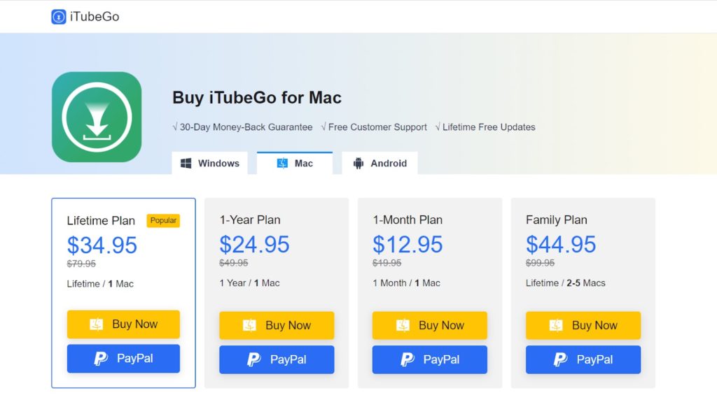 iTubeGo YouTube downloader Pricing