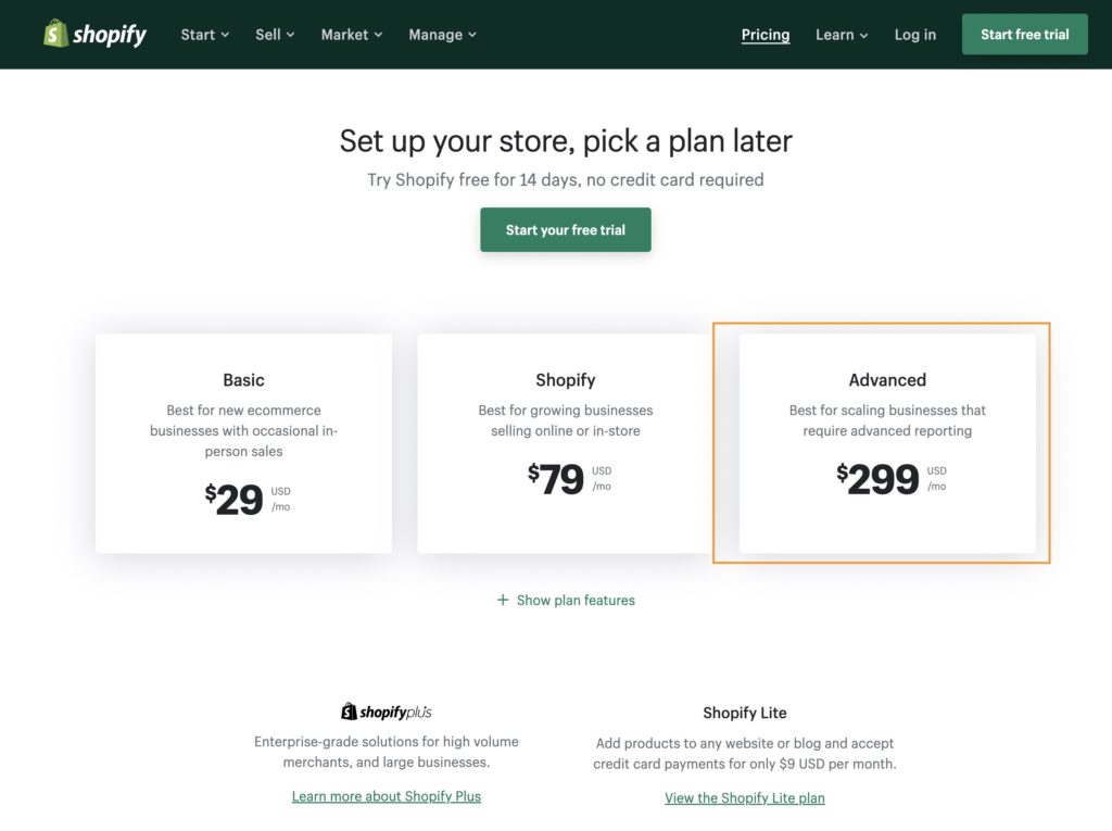 advanced shopify plan pricing