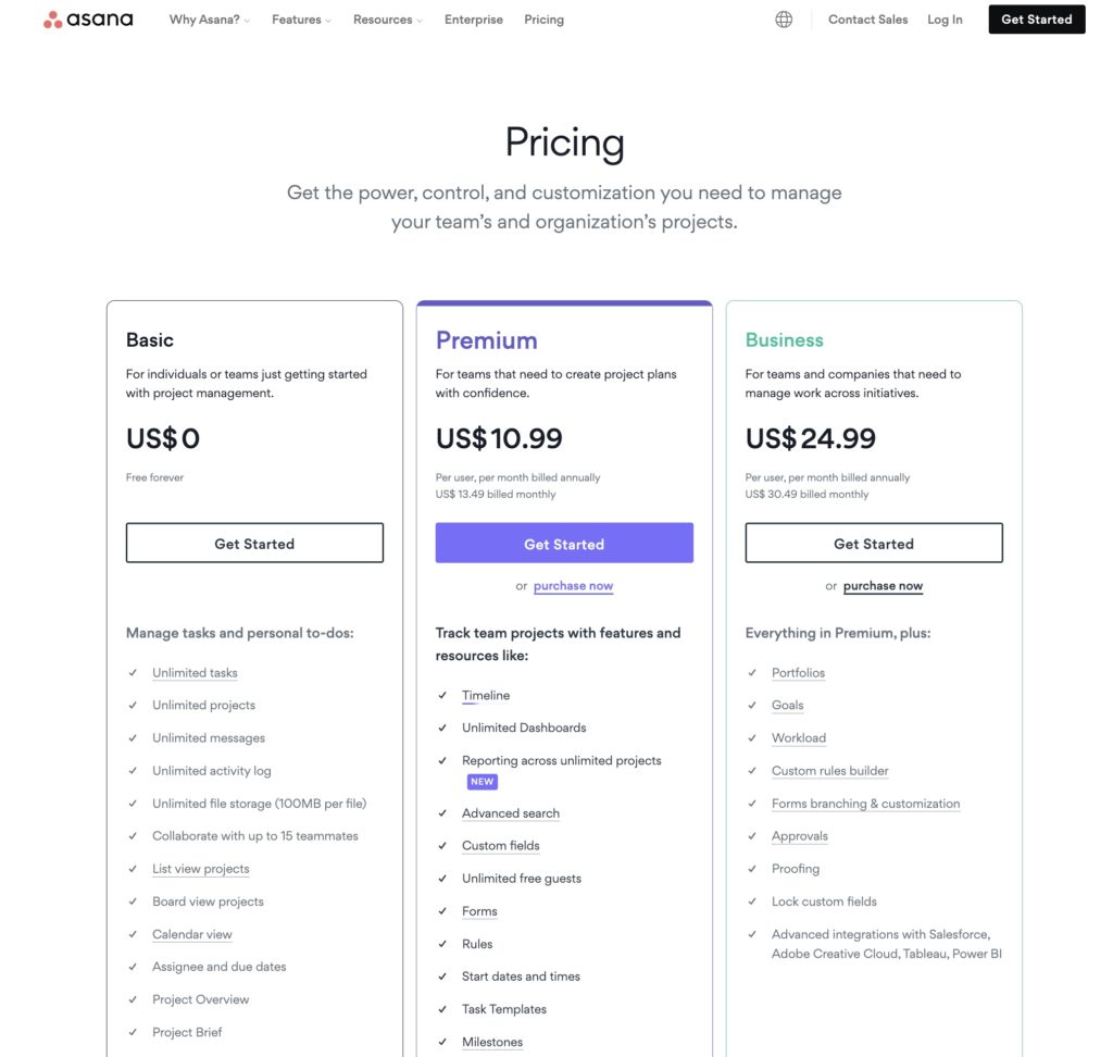 asana pricing