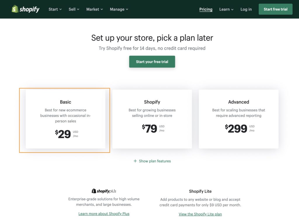 shopify basic plan pricing