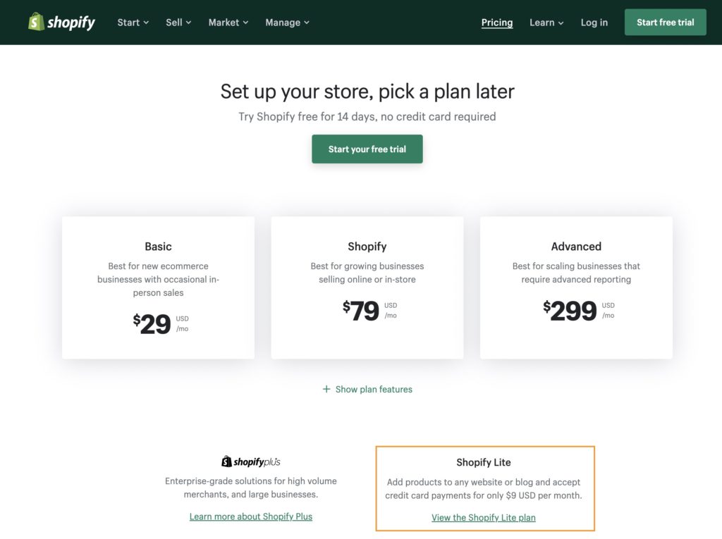 shopify lite pricing