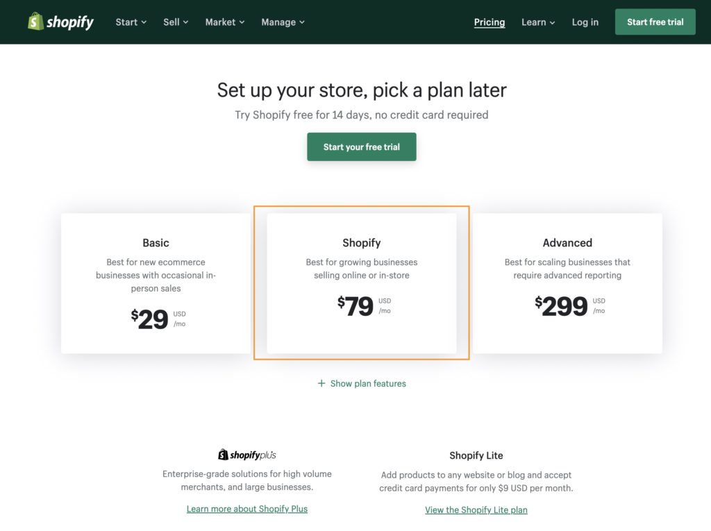 shopify plan pricing