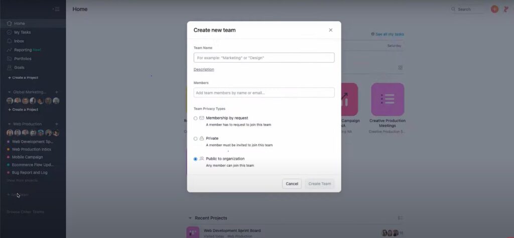how to create a team in Asana project management software