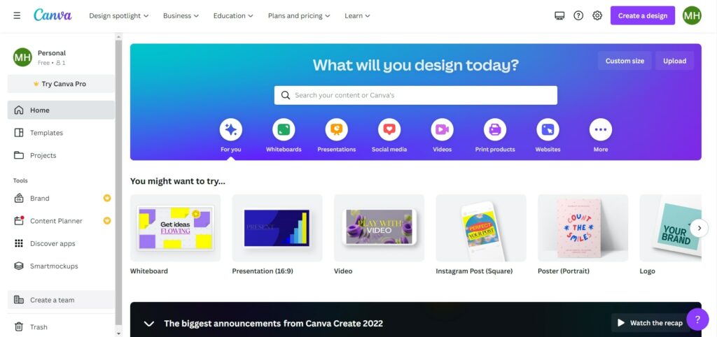 訂閱後用戶的 Canva 主頁和工作區