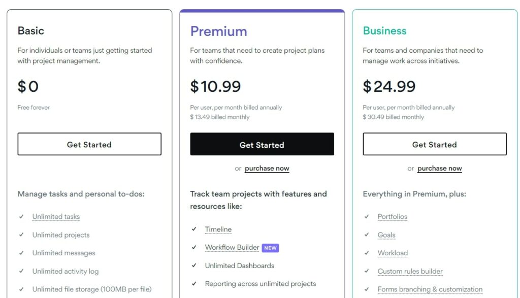 Asana Pricing Plans Billed Annually