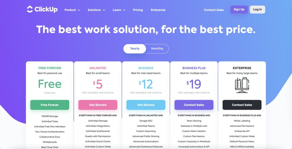 ClickUp Project Management Software Pricing Plans Billed Yearly