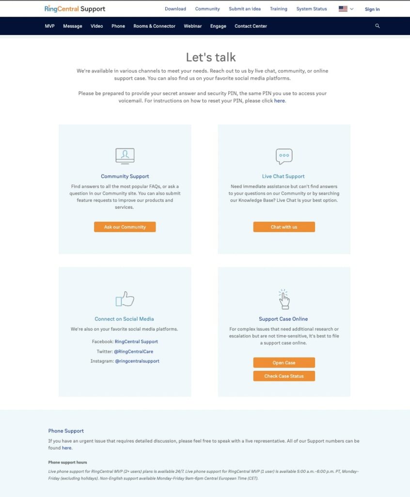 RingCentral Business Phone System Customer Support Page