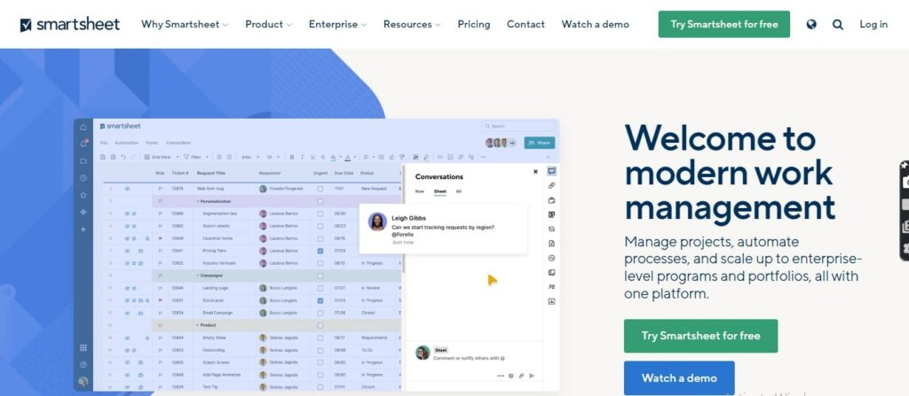 Smartsheet Project Management Software Homepage