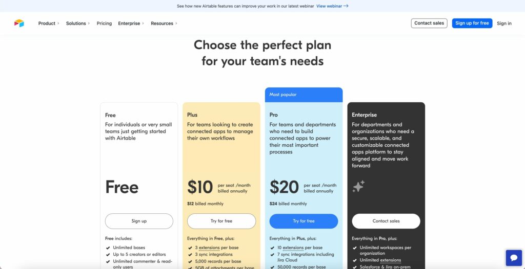 Airtable project management solution pricing