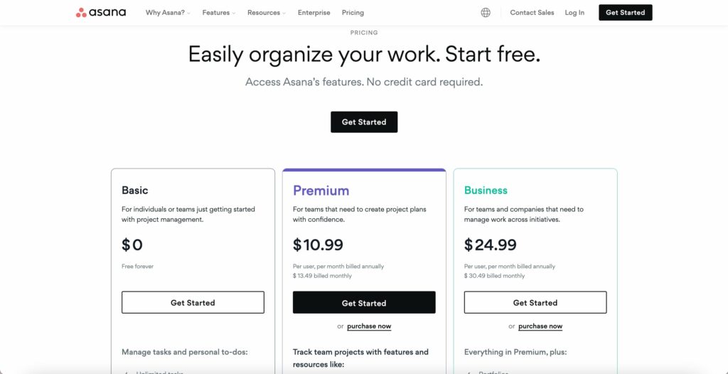 Asana project management software pricing