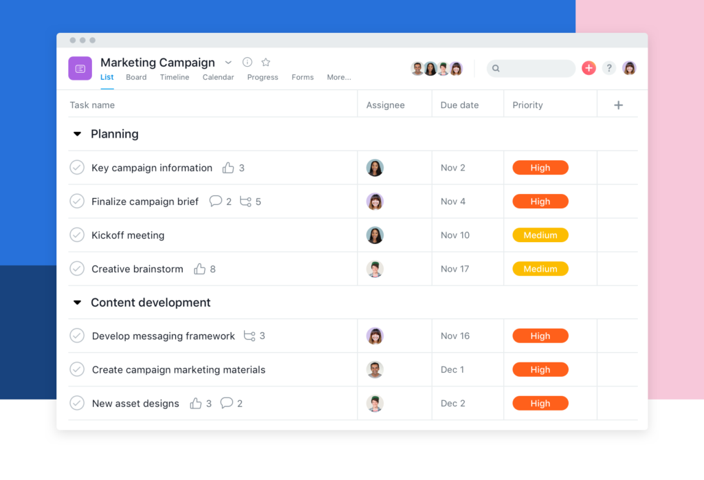 Asana project management tool list view