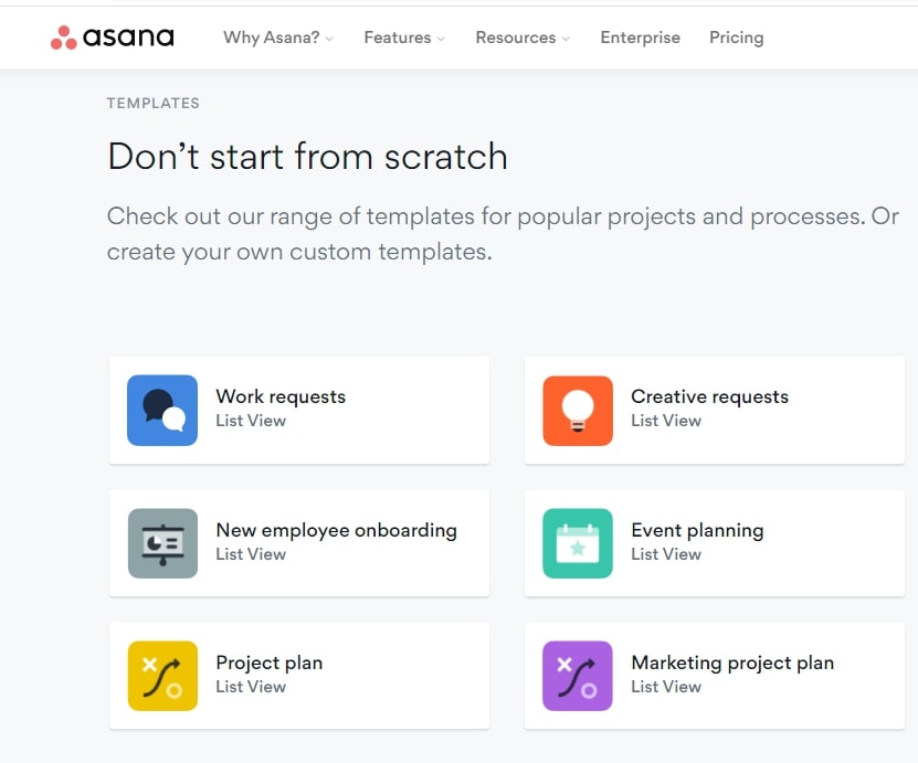 Asana project management tool templates