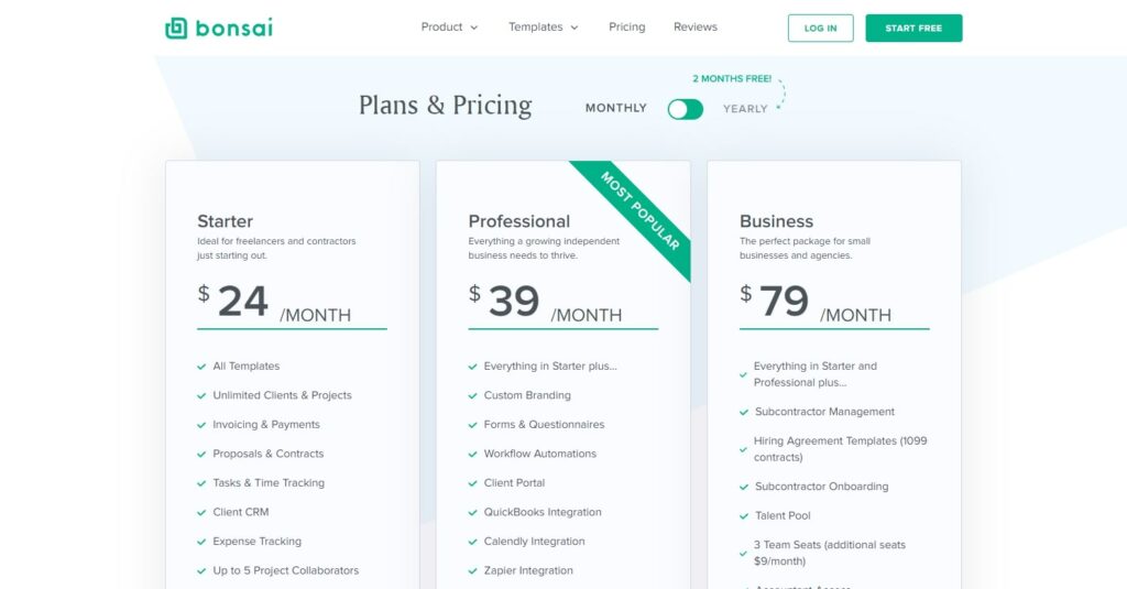 Bonsai accounting software pricing