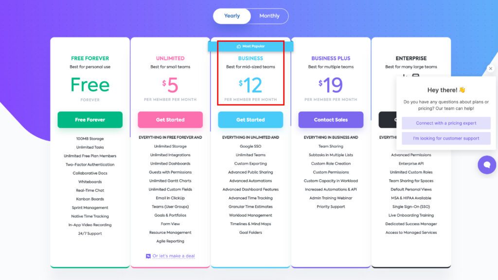 ClickUp 專案管理系統 Business 定價計劃