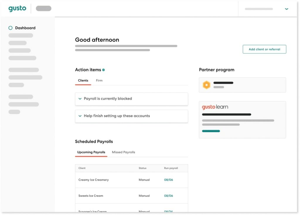 Gusto PEO service dashboard