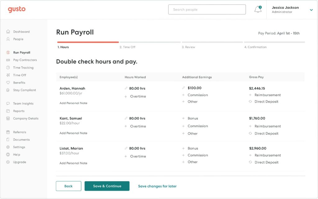 Gusto payroll solution feature interface