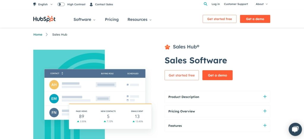 HubSpot Sales 顧客關係管理(CRM) 軟件主頁