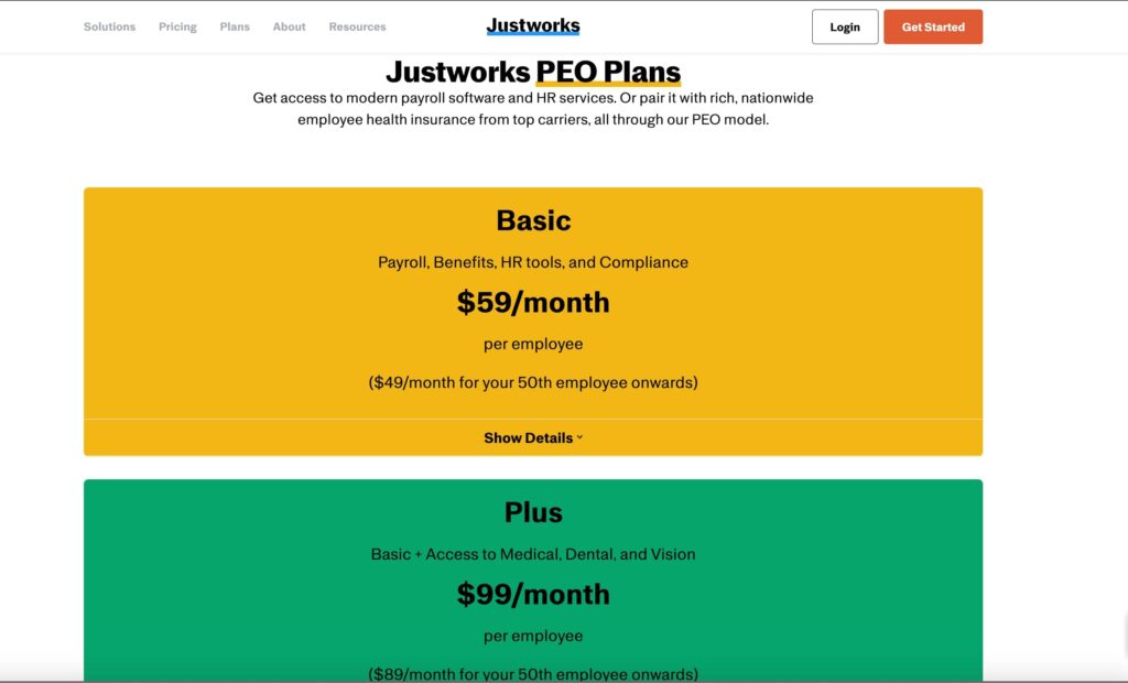 Justworks PEO service pricing