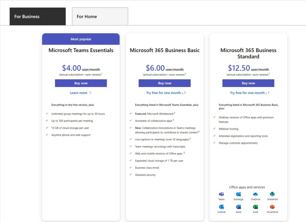 Microsoft Teams 視頻會議平台定價