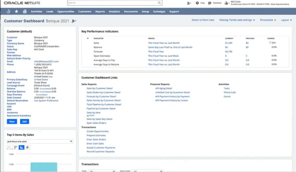 Oracle NetSuite CRM dashboard