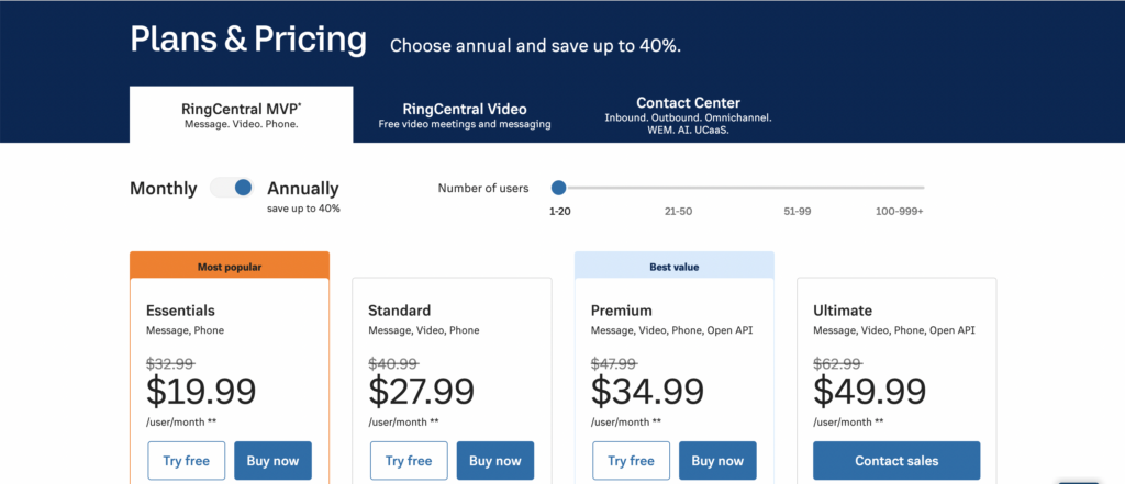 RingCentral business phone system pricing