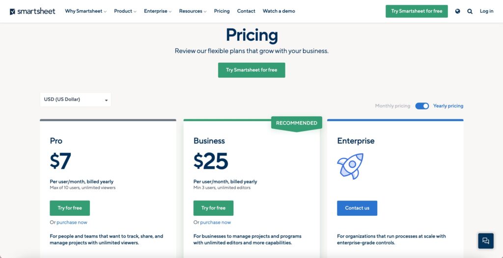 Smartsheet project management software pricing