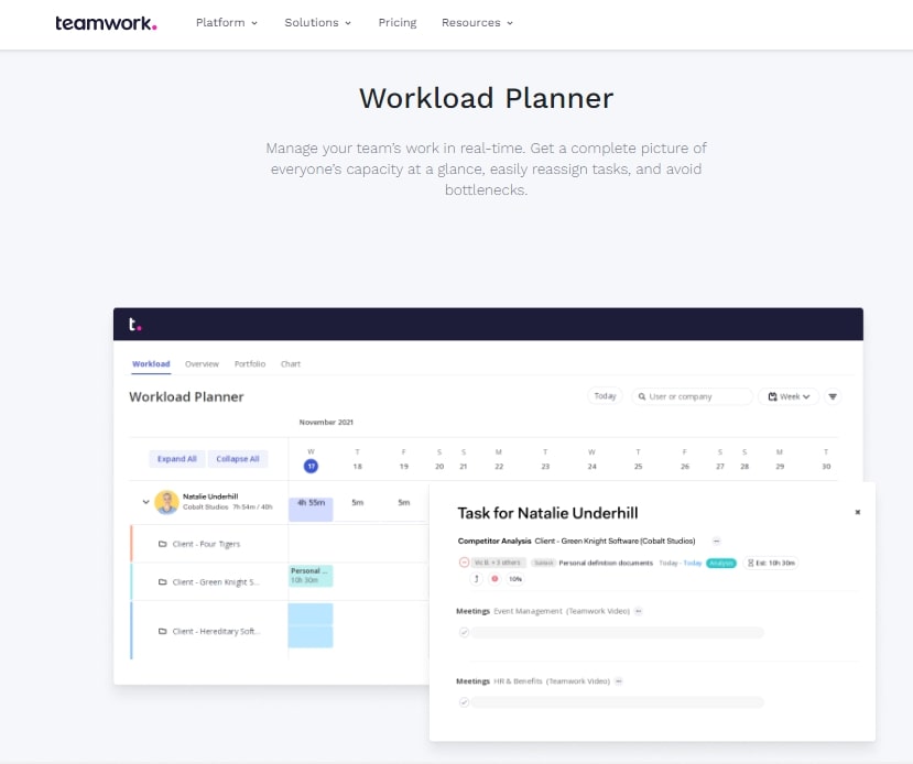 Teamwork project management tool workload planner