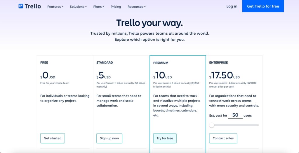 Trello 項目管理解決方案定價