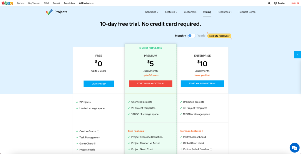 Zoho Projects project management pricing