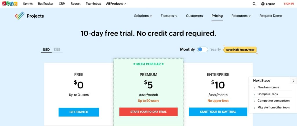 Zoho Projects project management solution pricing