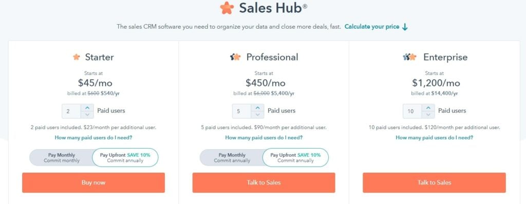 HubSpot 客戶關係管理(CRM)Sales Hub定價