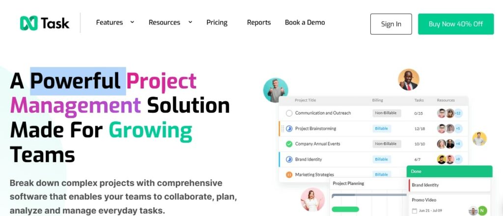 nTask project management solution homepage