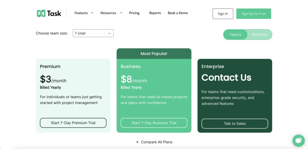 nTask project management solution pricing