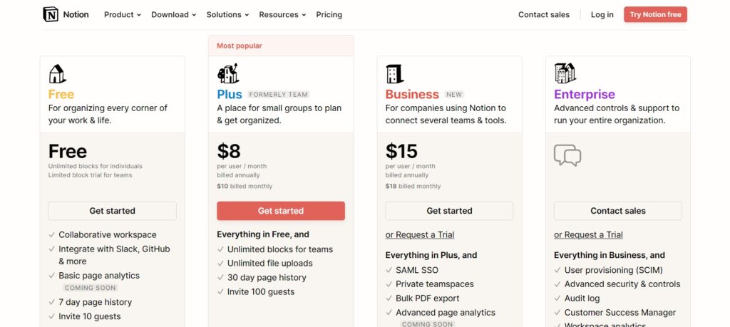 Notion pricing plans