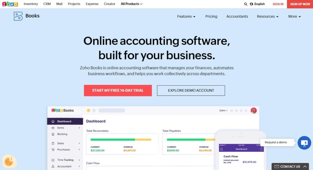 Zoho Books accounting software homepage