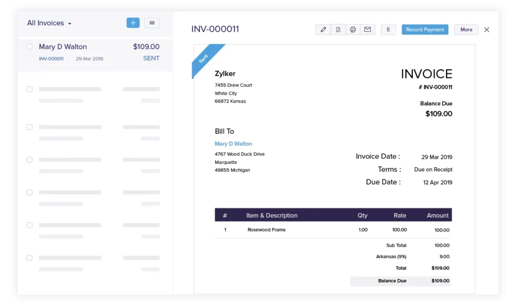 Zoho Books accounting software invoice