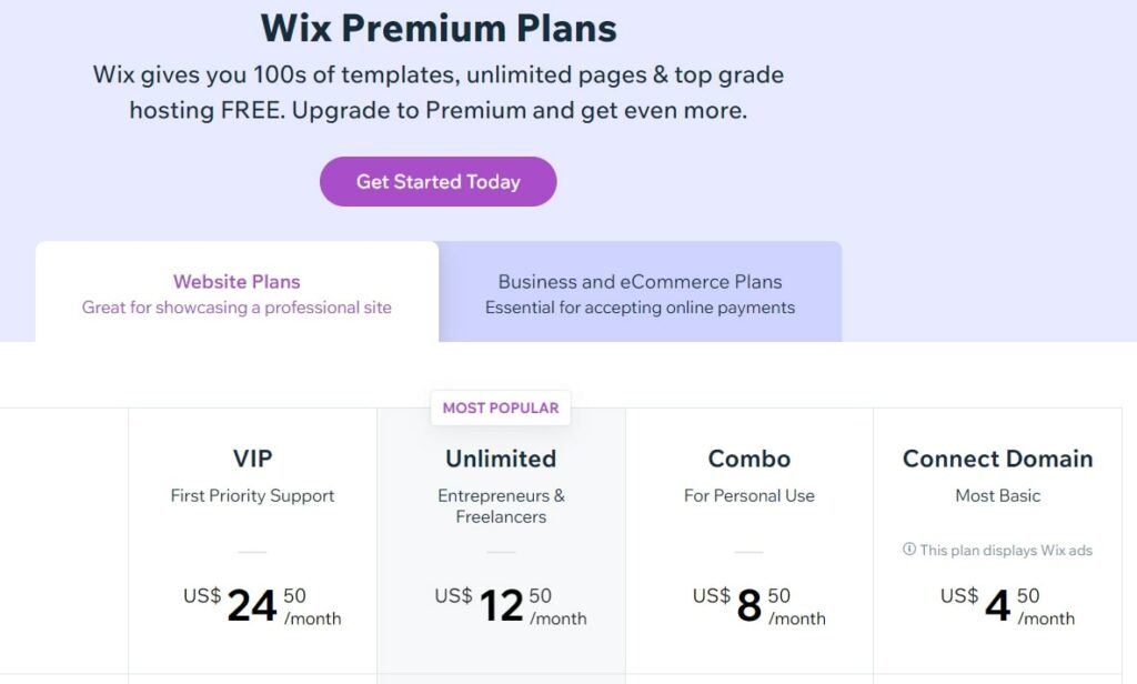 wix website builders pricing