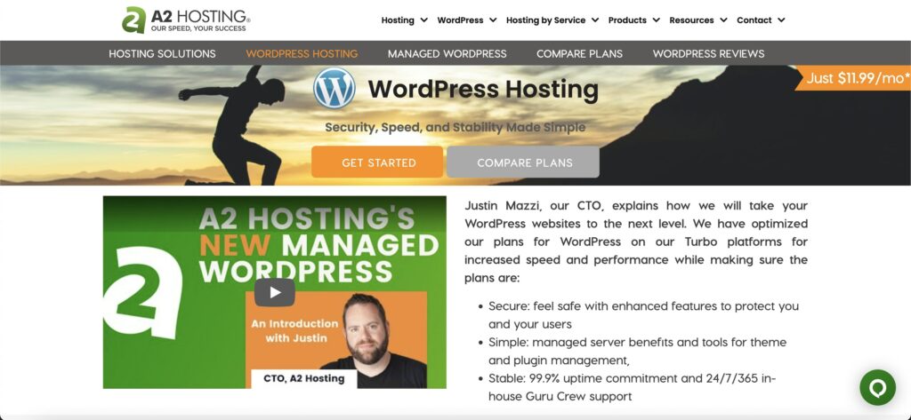 A2Hosting wordpress hosting homepage