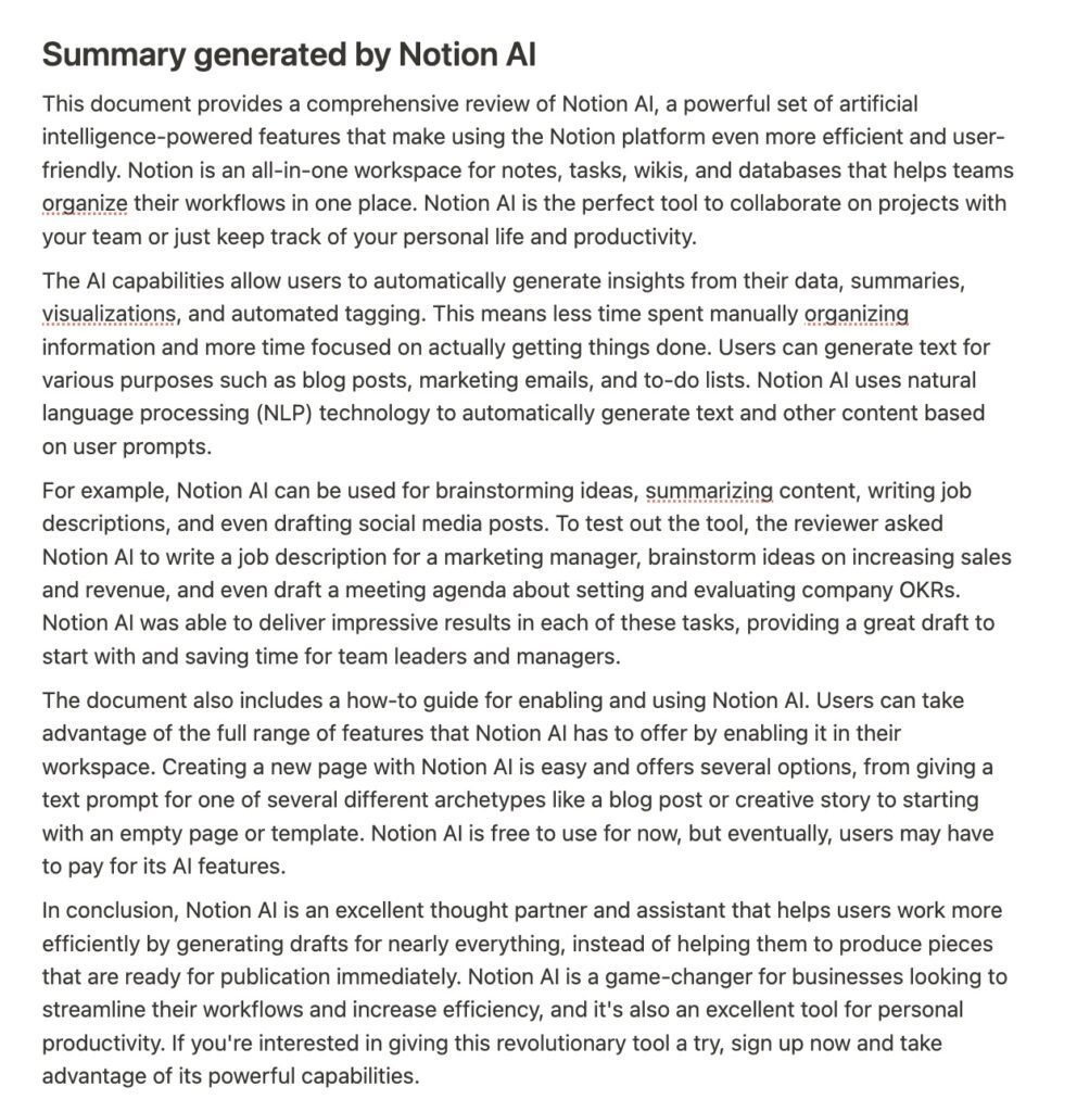 Using Notion AI to generate a summary of this review article