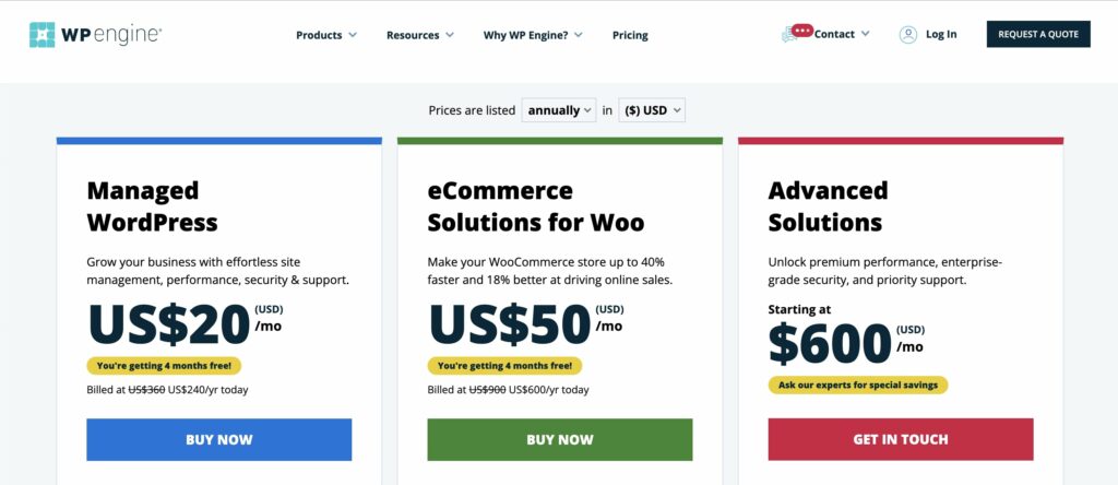 WP Engine wordpress hosting pricing