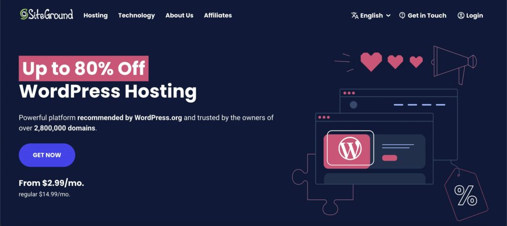 SiteGround wordpress hosting homepage