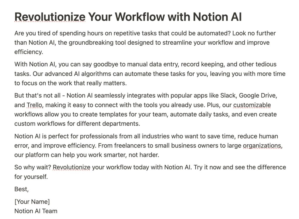 Notion AI 銷售郵件示例