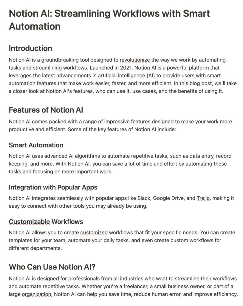 example article generated by Notion AI